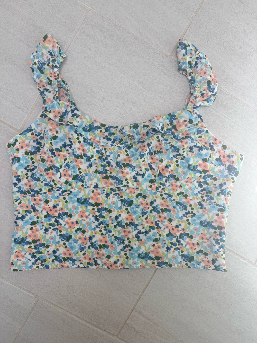 Abercrombie & Fitch Floral Ruffle Strap Crop Top - Blue, Peach, Green, Cream